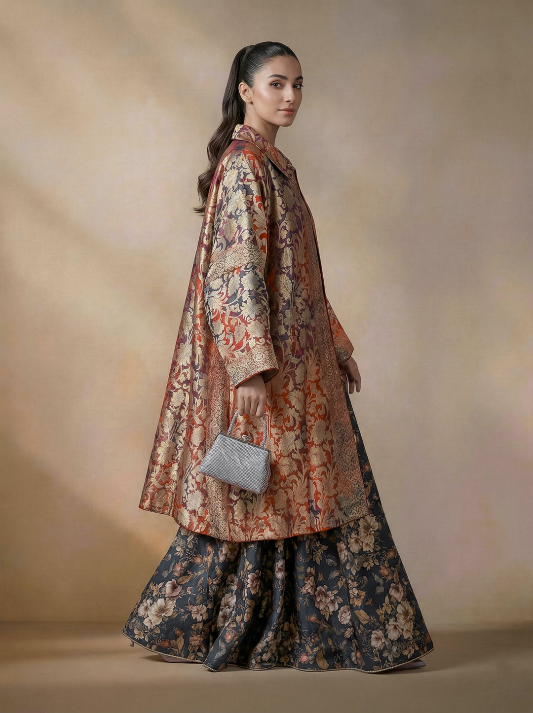 Maheen Khan - Pure Silk Celestine Jacket For Women -  Red Maroon + Green - 1 Piece