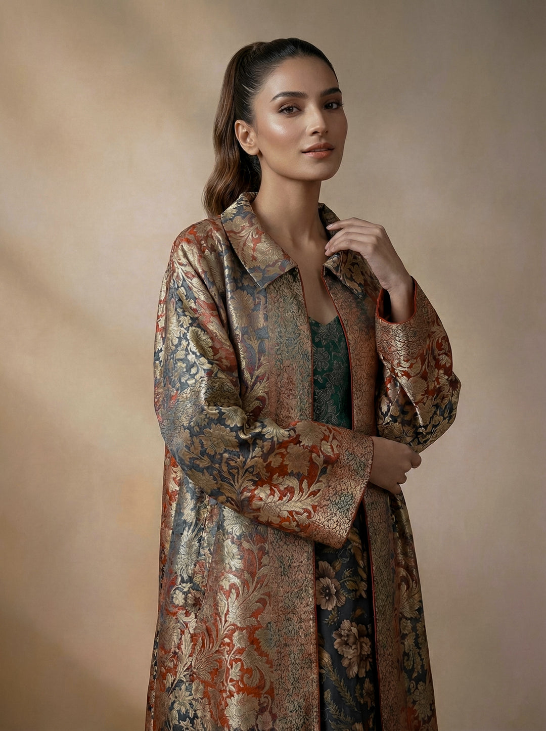 Maheen Khan - Pure Silk Ruhe Blouse For Women - Green  Marron Multi - 1 Piece