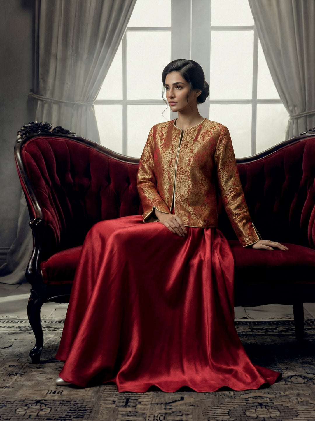 Maheen Khan - Pure Silk Shahi Jacket For Women - Maroon + Red - 1 Piece