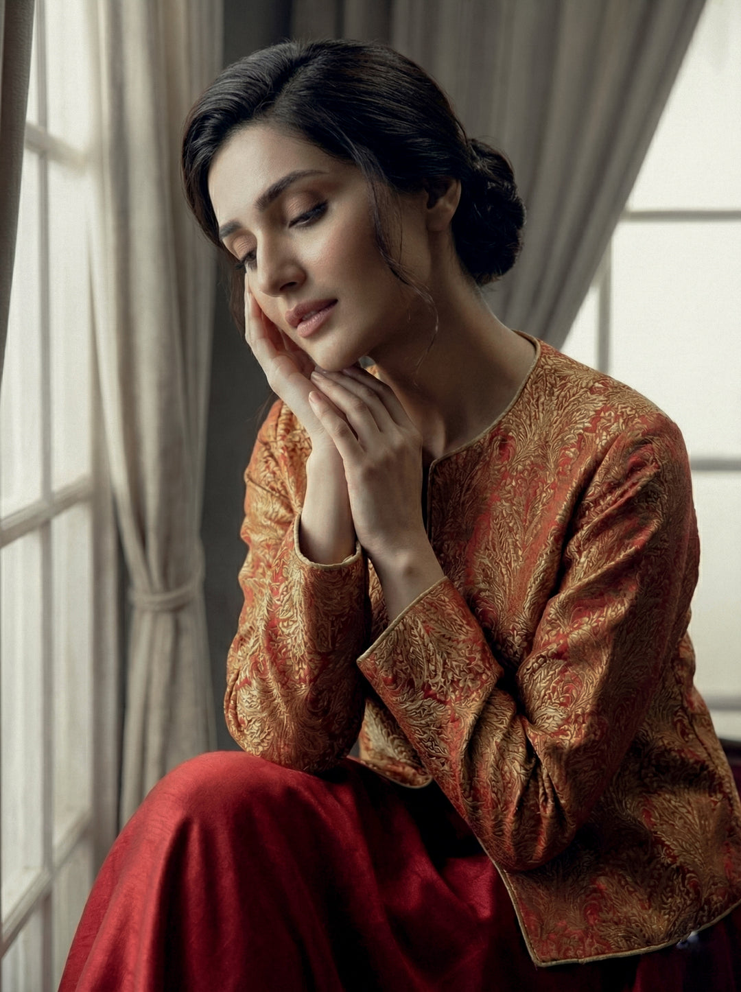 Maheen Khan - Pure Silk Shahi Jacket For Women - Maroon + Red - 1 Piece