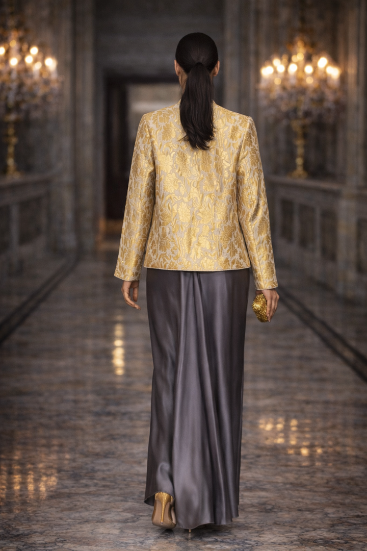 Maheen Khan - Pure Silk Solenne Jacket For Women - Pale Gold - 1 Piece