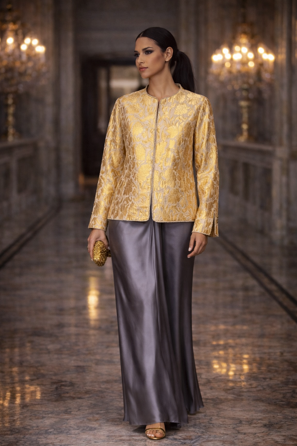 Maheen Khan - Pure Silk Solenne Jacket For Women - Pale Gold - 1 Piece
