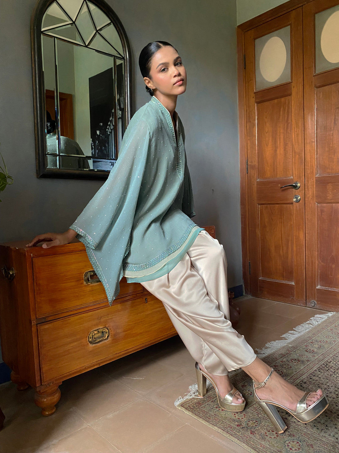 Maheen Khan - Samawiya Silk Chiffon + Blended Satin Aqua Turquoise Biege Eastern Wear For Women - 2 Piece