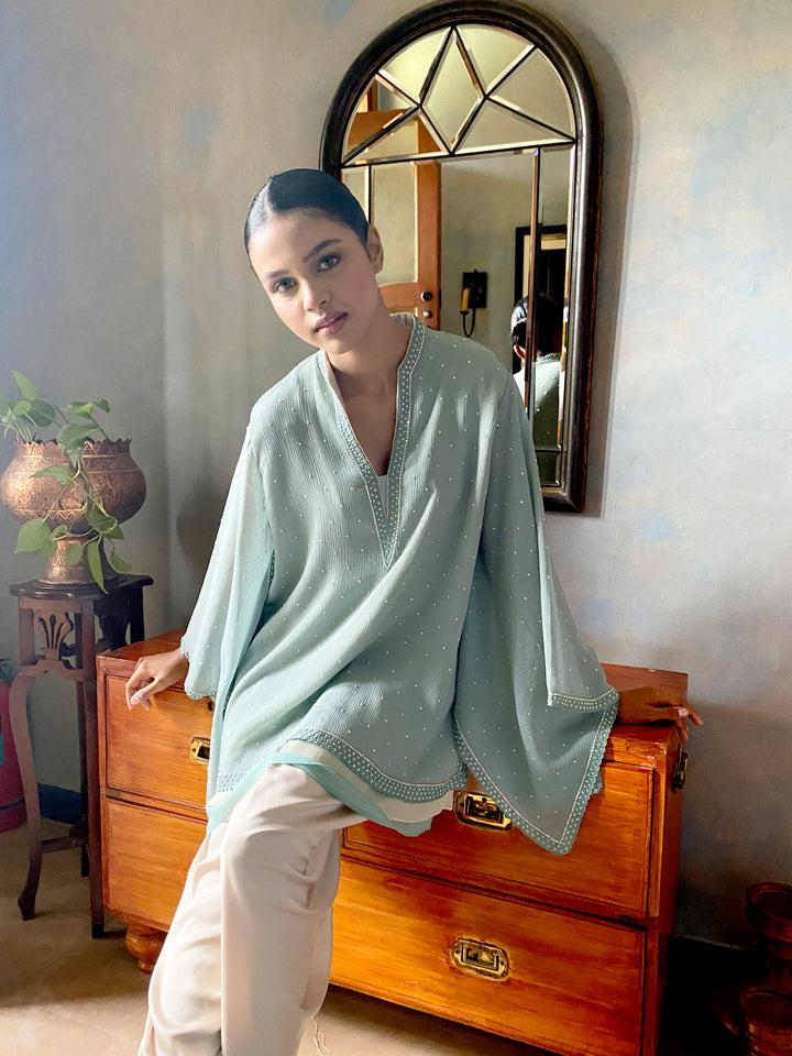 Maheen Khan - Samawiya Silk Chiffon + Blended Satin Aqua Turquoise Biege Eastern Wear For Women - 2 Piece