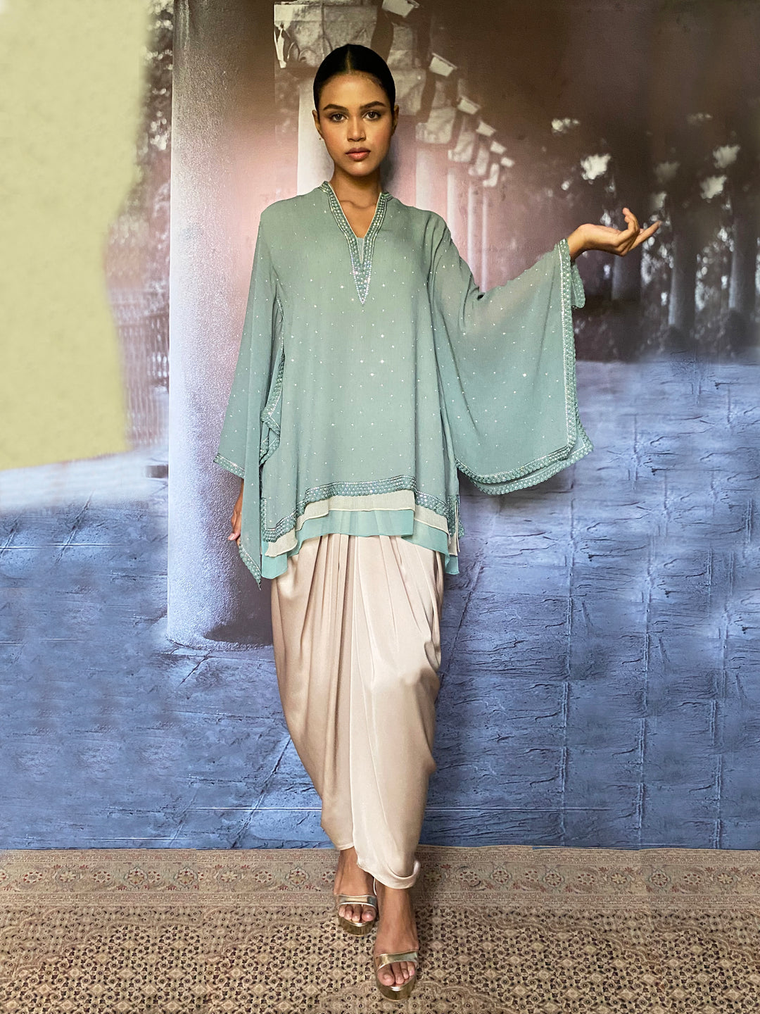 Maheen Khan - Samawiya Silk Chiffon + Blended Satin Aqua Turquoise Biege Eastern Wear For Women - 2 Piece