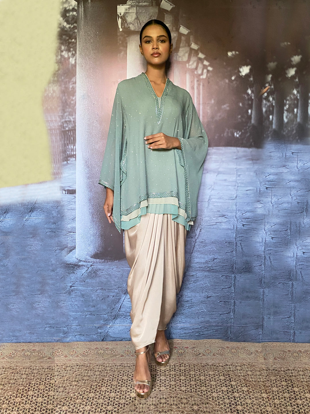 Maheen Khan - Samawiya Silk Chiffon + Blended Satin Aqua Turquoise Biege Eastern Wear For Women - 2 Piece