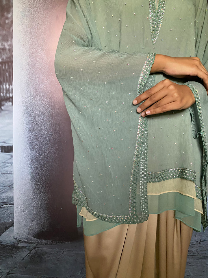 Maheen Khan - Samawiya Silk Chiffon + Blended Satin Aqua Turquoise Biege Eastern Wear For Women - 2 Piece