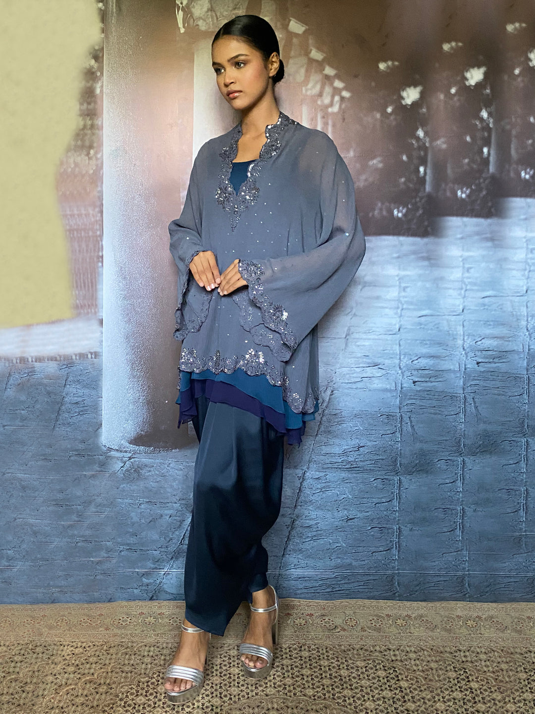 Maheen Khan - Shayal Silk Chiffon + Blended Satin Grey Zing Navy Eastern Wear For Women - 2 Piece