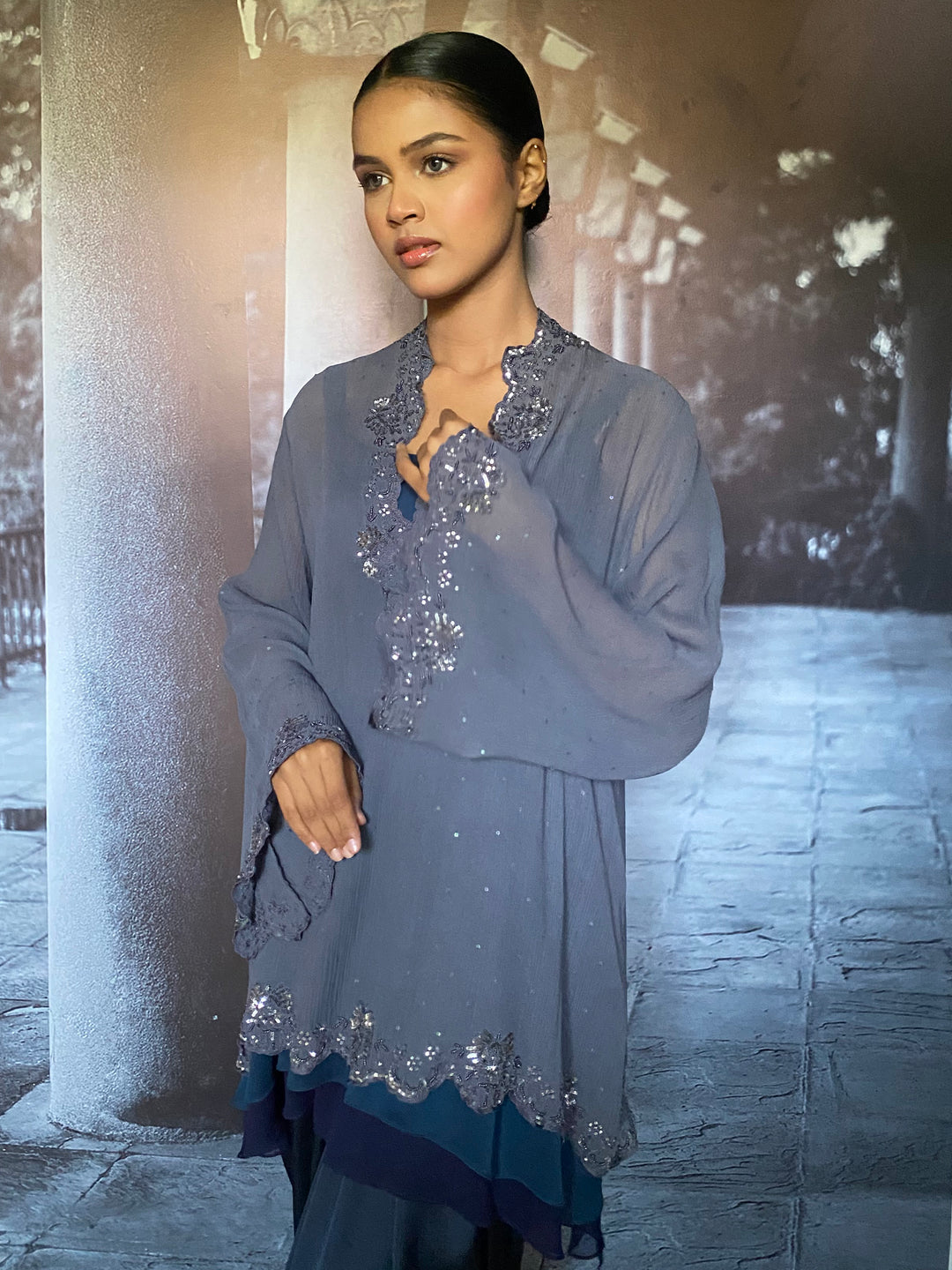 Maheen Khan - Shayal Silk Chiffon + Blended Satin Grey Zing Navy Eastern Wear For Women - 2 Piece