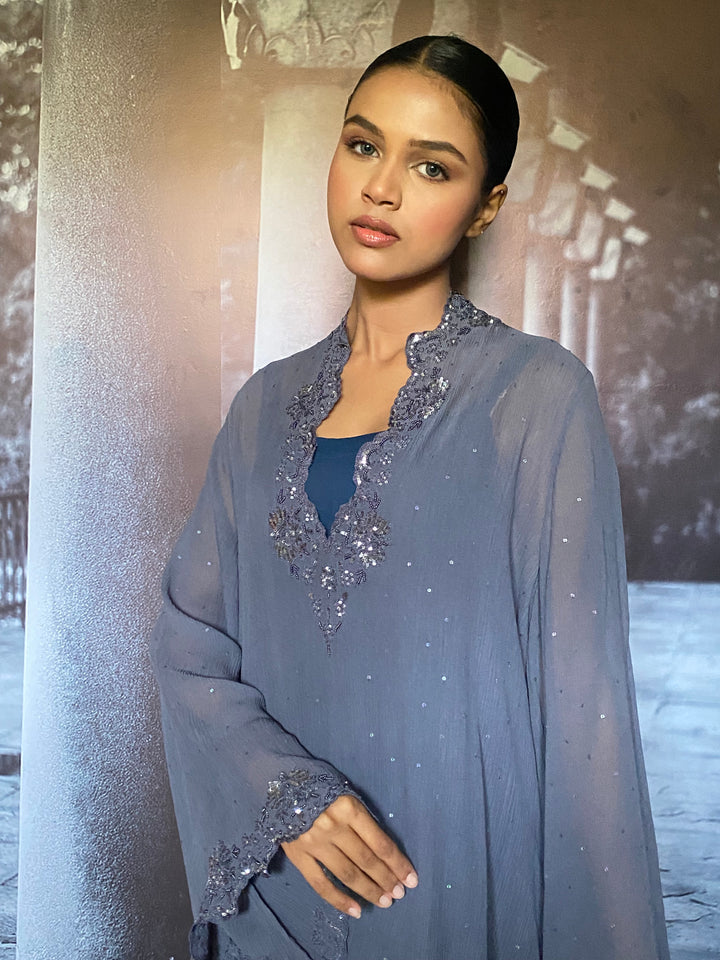 Maheen Khan - Shayal Silk Chiffon + Blended Satin Grey Zing Navy Eastern Wear For Women - 2 Piece