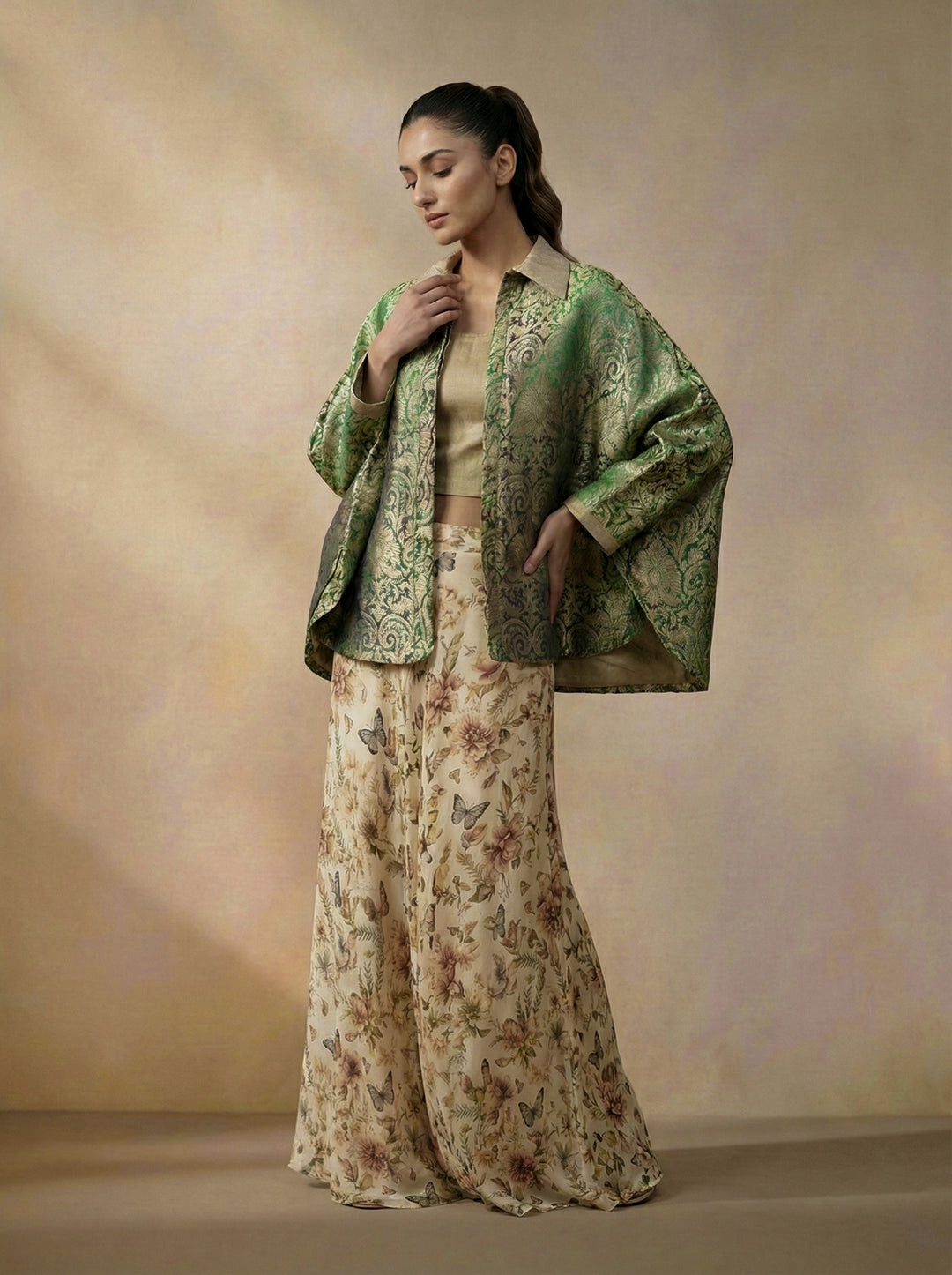 Maheen Khan - Shimmer Cotton Emerald Blouse For Women - Gold - 1 Piece