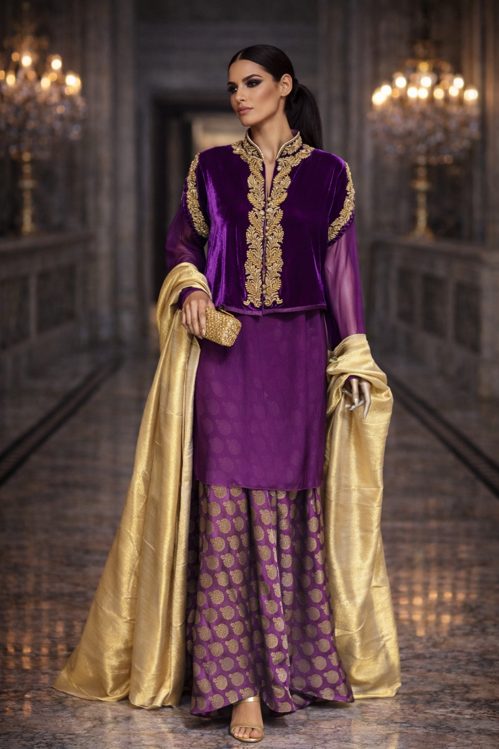 Maheen Khan - Silk Banarsi Amethyst Gharara For Women - Purple Gold - 1 Piece