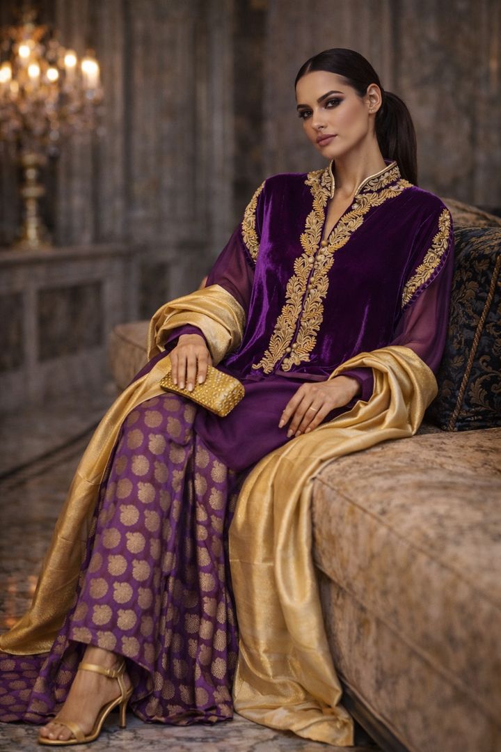 Maheen Khan - Silk Banarsi Amethyst Gharara For Women - Purple Gold - 1 Piece
