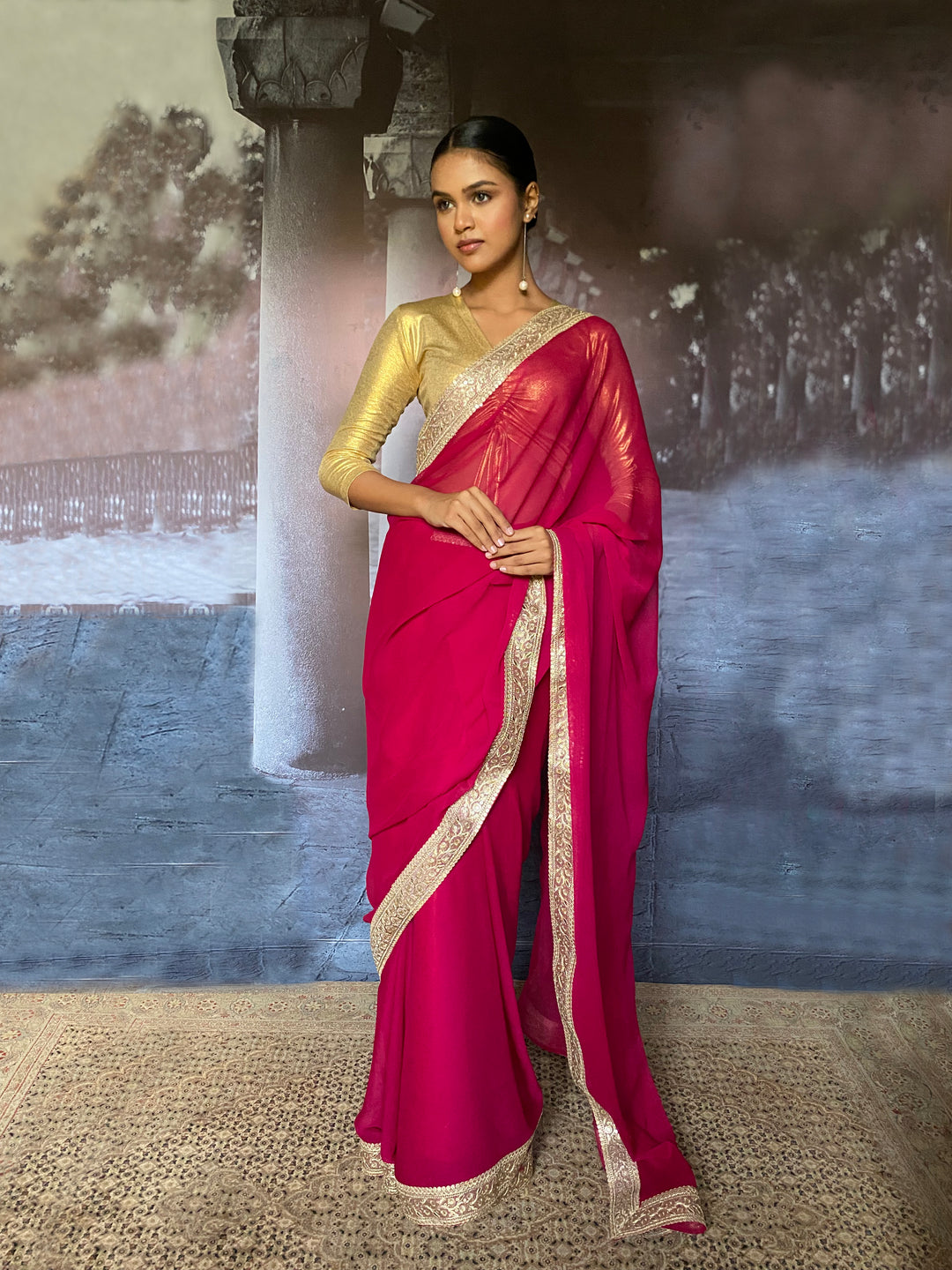 Maheen Khan - Suhaana Blended Chiffon Pink Sari For Women - 1 Piece