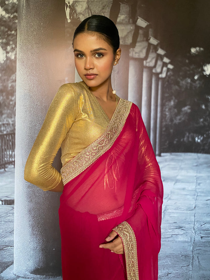 Maheen Khan - Suhaana Blended Chiffon Pink Sari For Women - 1 Piece