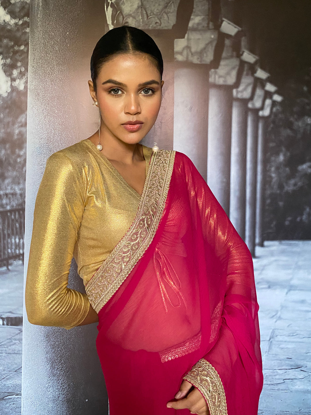 Maheen Khan - Suhaana Blended Chiffon Pink Sari For Women - 1 Piece