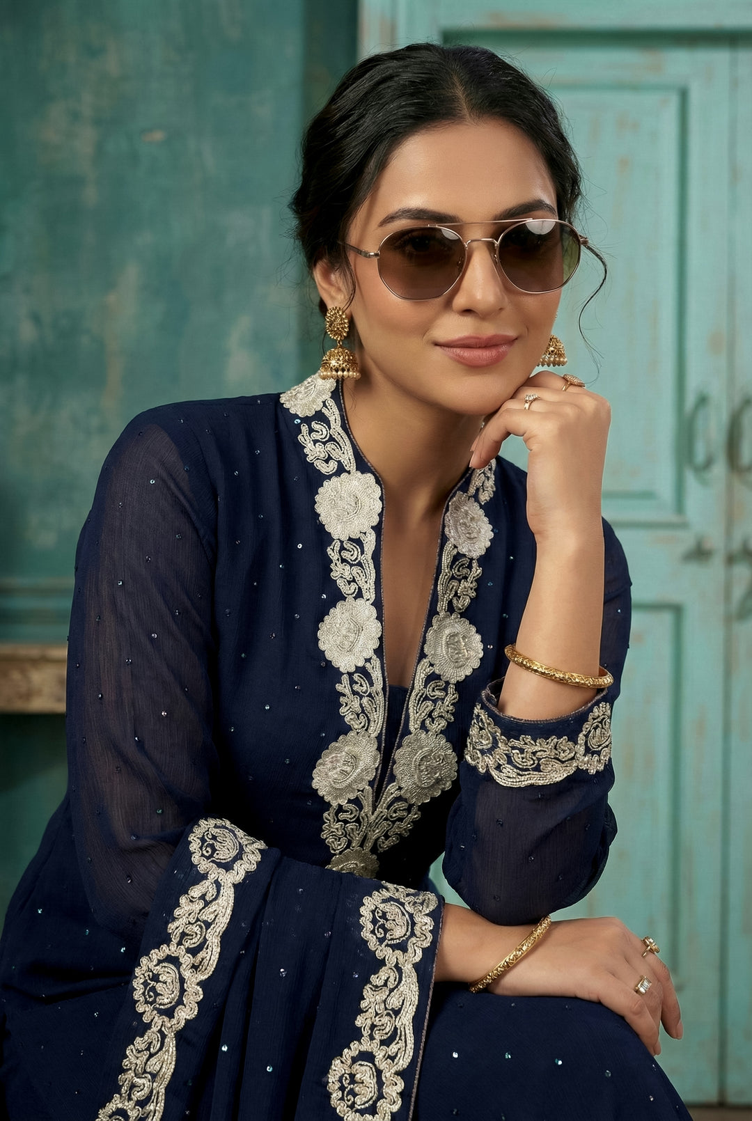 Maheen Khan - Zaraab Silk Chiffon & Crepe Tunic Sets For Women - Navy - 3 Piece