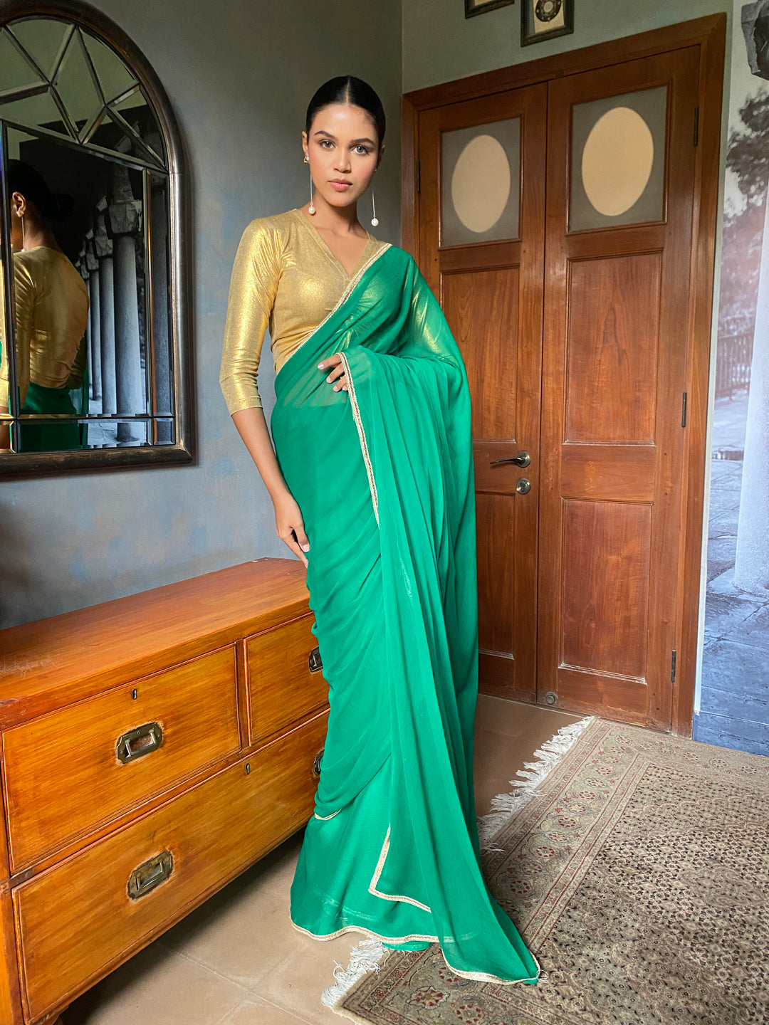 Maheen Khan - Zayna Blended Chiffon Green Sari For Women - 1 Piece