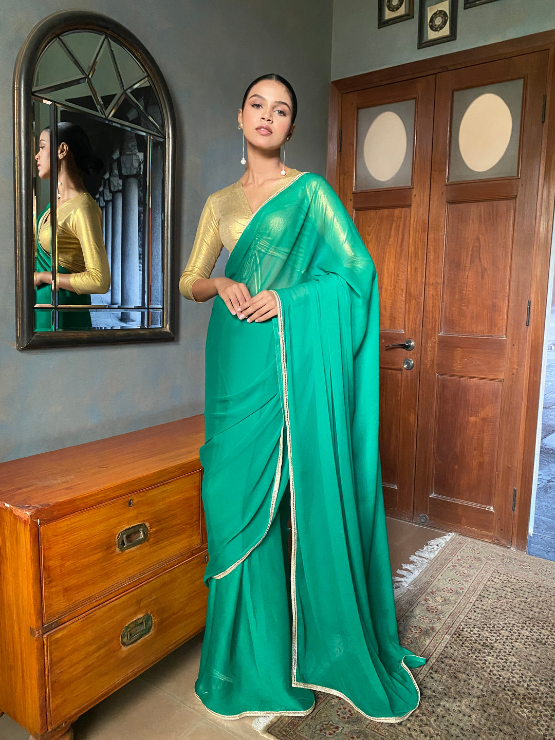 Maheen Khan - Zayna Blended Chiffon Green Sari For Women - 1 Piece