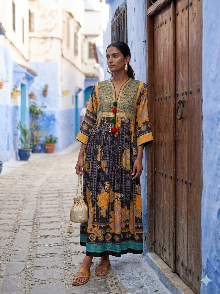 Maheen Khan - Zion Pathani Silk Kaftan For Women - Yellow & Black - 1 Piece