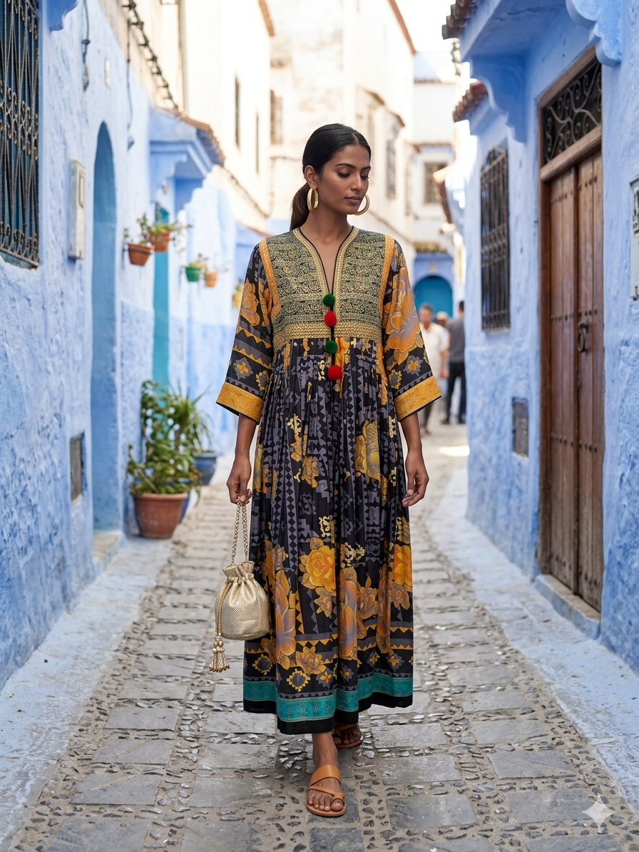 Maheen Khan - Zion Pathani Silk Kaftan For Women - Yellow & Black - 1 Piece
