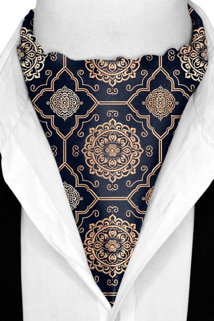 Black Wolf - LUXURY ROYAL PATTERN SILK ASCOT - Dark Navy Blue - 1 Piece