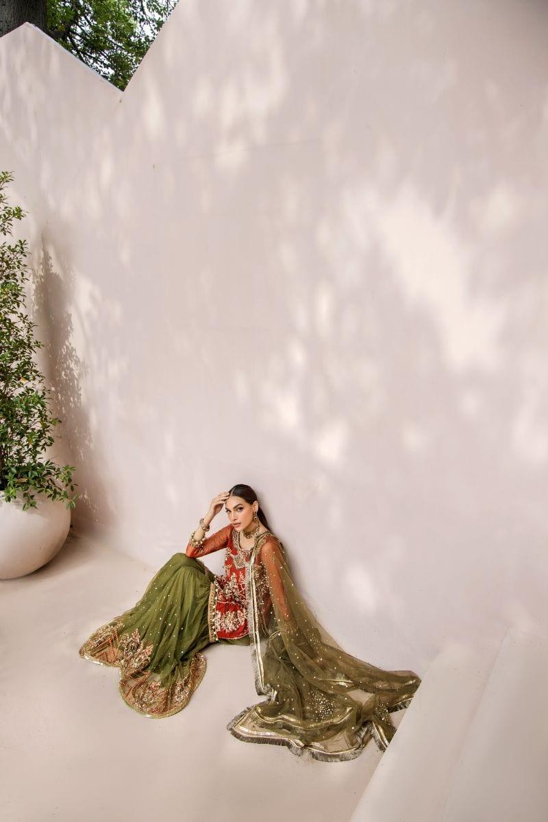 Malook - Mahru - Net - Rust orange & olive green - 3 Piece