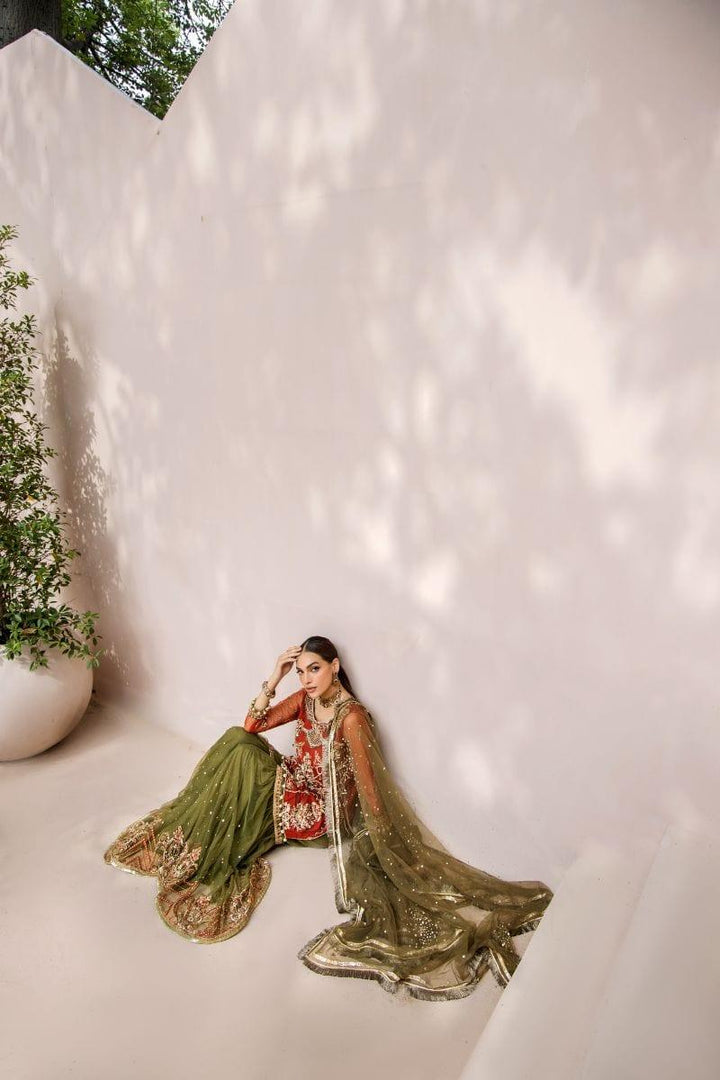 Malook - Mahru - Net - Rust orange & olive green - 3 Piece