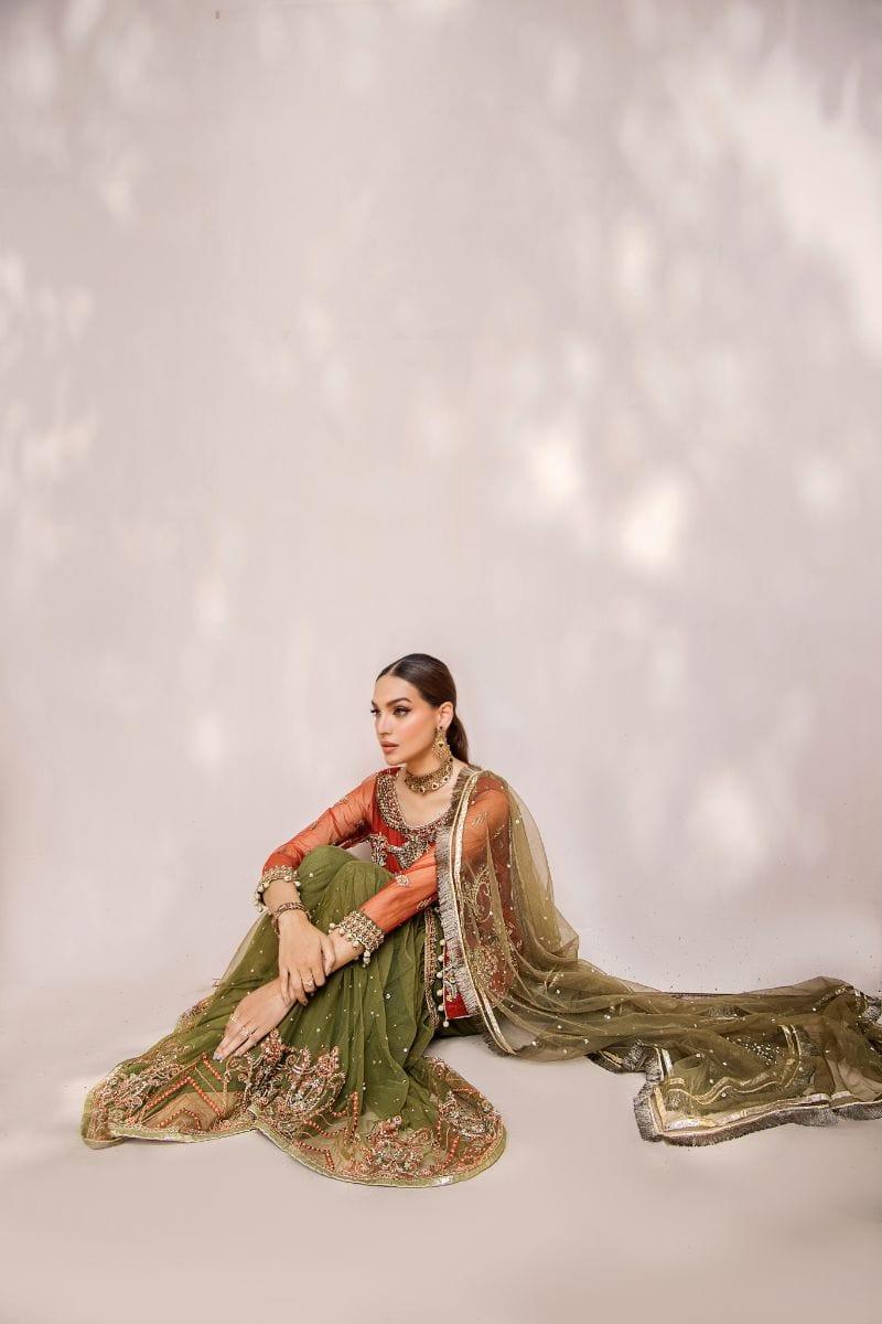 Malook - Mahru - Net - Rust orange & olive green - 3 Piece