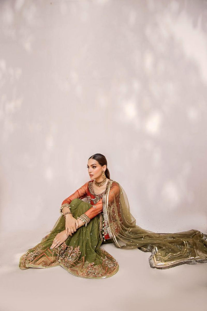 Malook - Mahru - Net - Rust orange & olive green - 3 Piece