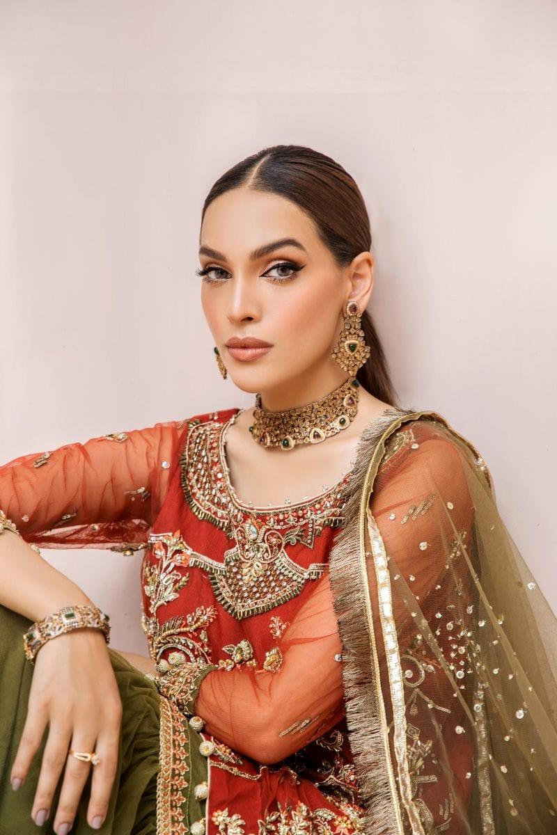 Malook - Mahru - Net - Rust orange & olive green - 3 Piece
