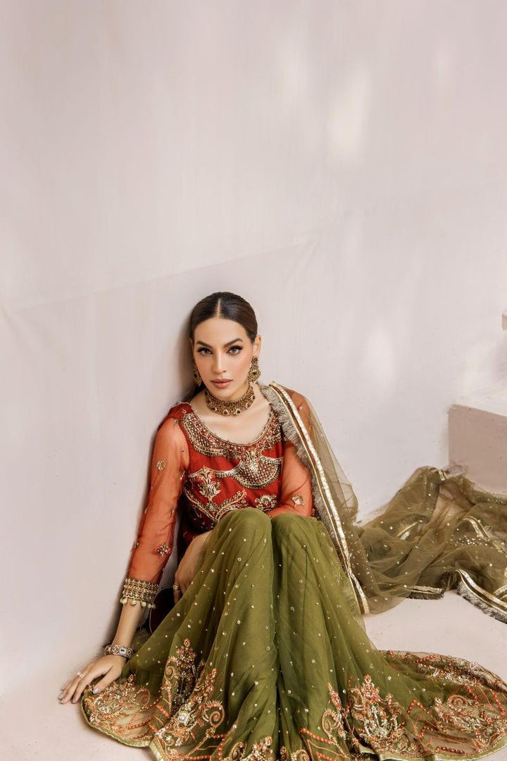 Malook - Mahru - Net - Rust orange & olive green - 3 Piece