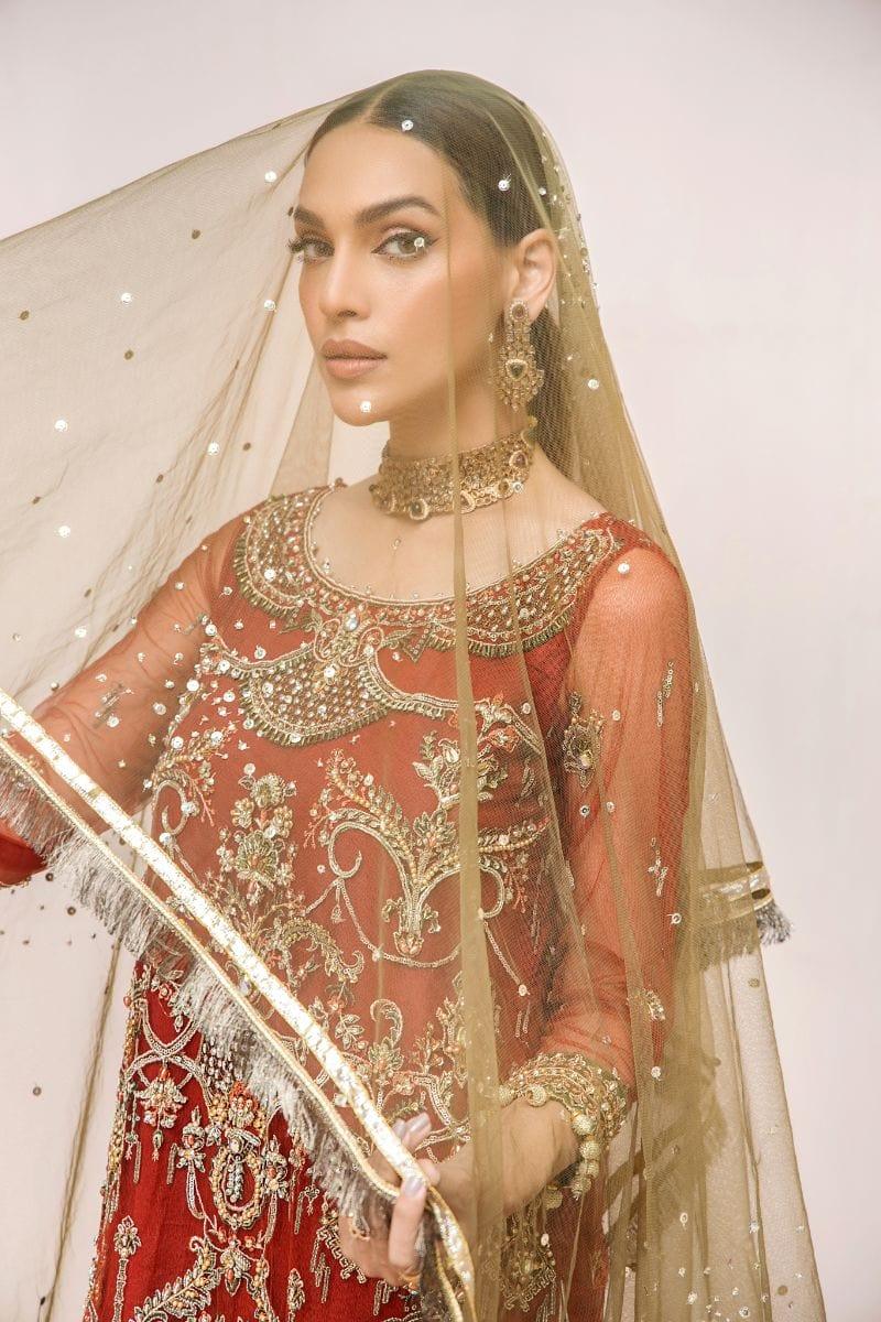 Malook - Mahru - Net - Rust orange & olive green - 3 Piece
