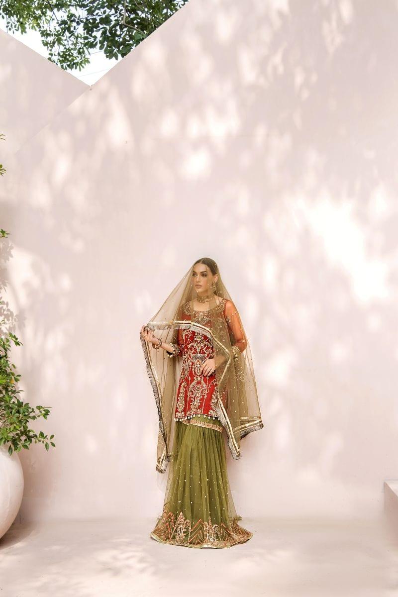 Malook - Mahru - Net - Rust orange & olive green - 3 Piece