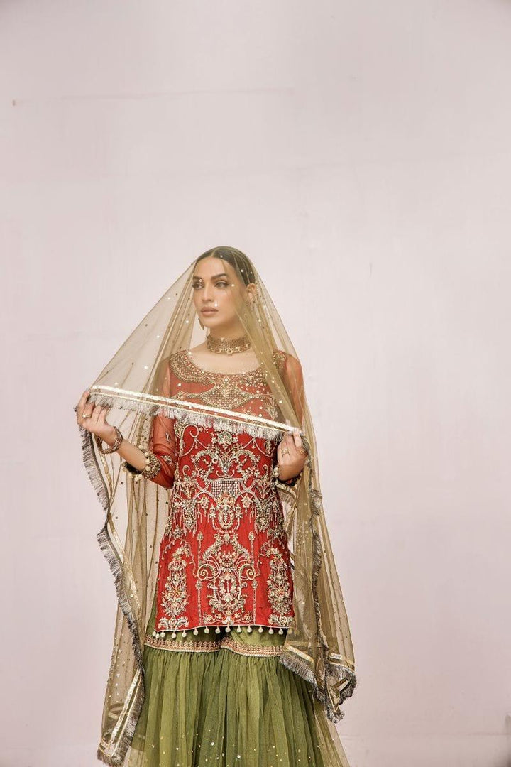 Malook - Mahru - Net - Rust orange & olive green - 3 Piece