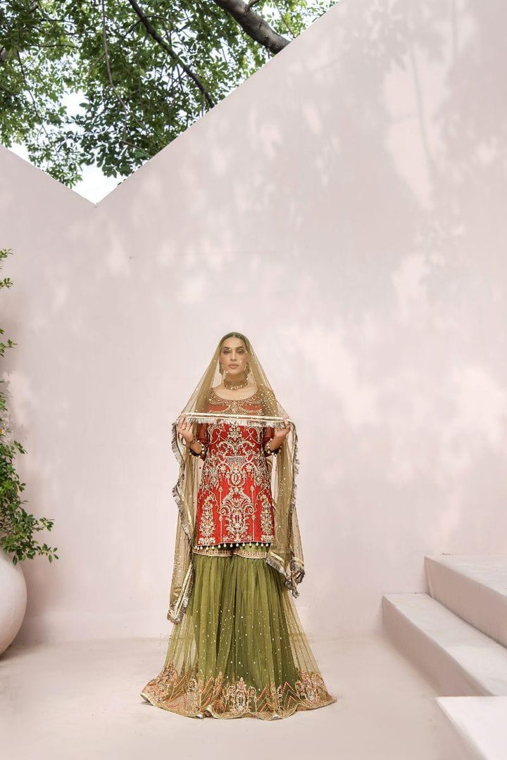 Malook - Mahru - Net - Rust orange & olive green - 3 Piece