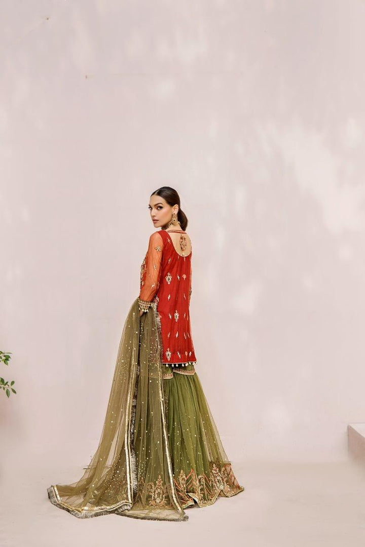 Malook - Mahru - Net - Rust orange & olive green - 3 Piece