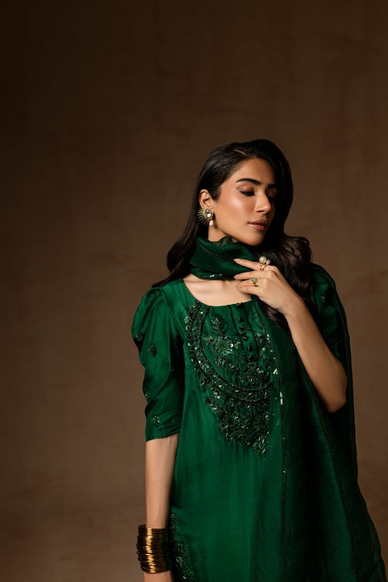 Maria Osama Khan - Emerald Green  - BOTTLE GREEN - RAWSILK & Organza - 3 Piece