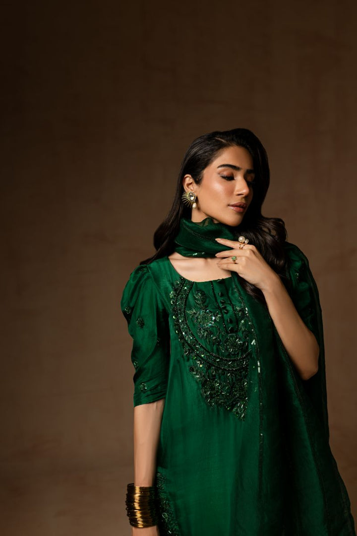 Maria Osama Khan - Emerald Green  - BOTTLE GREEN - RAWSILK & Organza - 3 Piece
