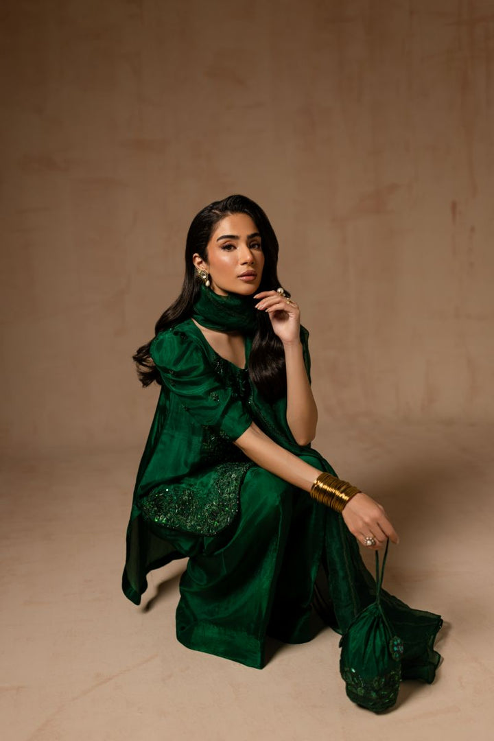 Maria Osama Khan - Emerald Green  - BOTTLE GREEN - RAWSILK & Organza - 3 Piece