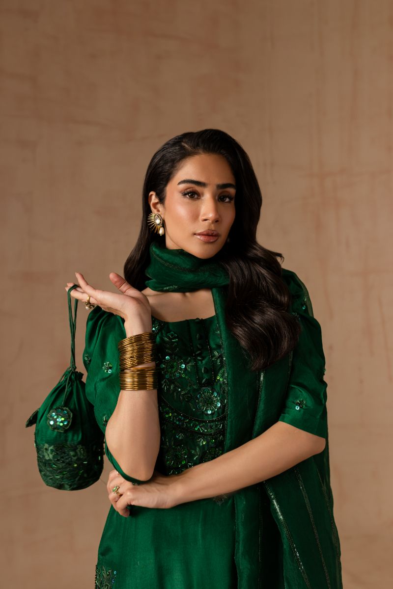 Maria Osama Khan - Emerald Green  - BOTTLE GREEN - RAWSILK & Organza - 3 Piece