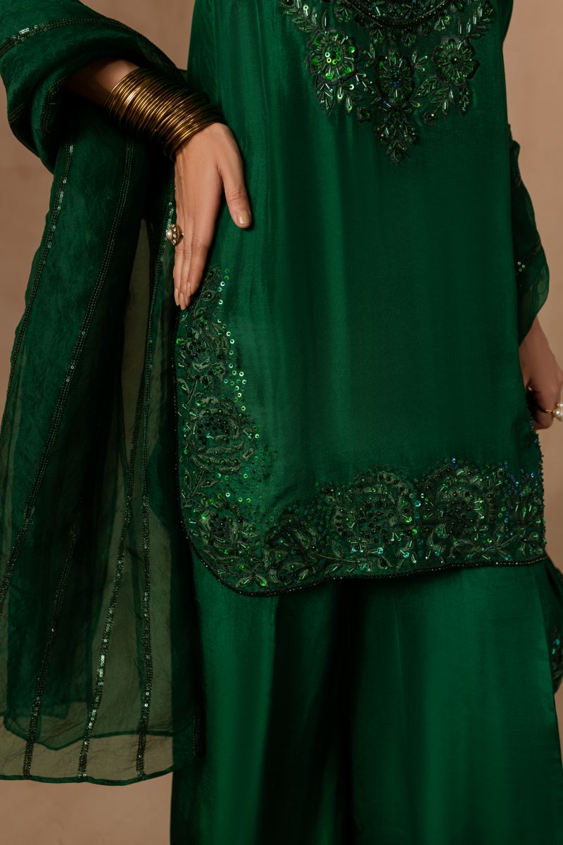 Maria Osama Khan - Emerald Green  - BOTTLE GREEN - RAWSILK & Organza - 3 Piece