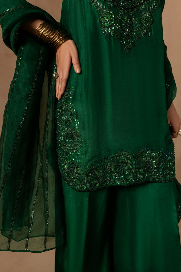Maria Osama Khan - Emerald Green  - BOTTLE GREEN - RAWSILK & Organza - 3 Piece