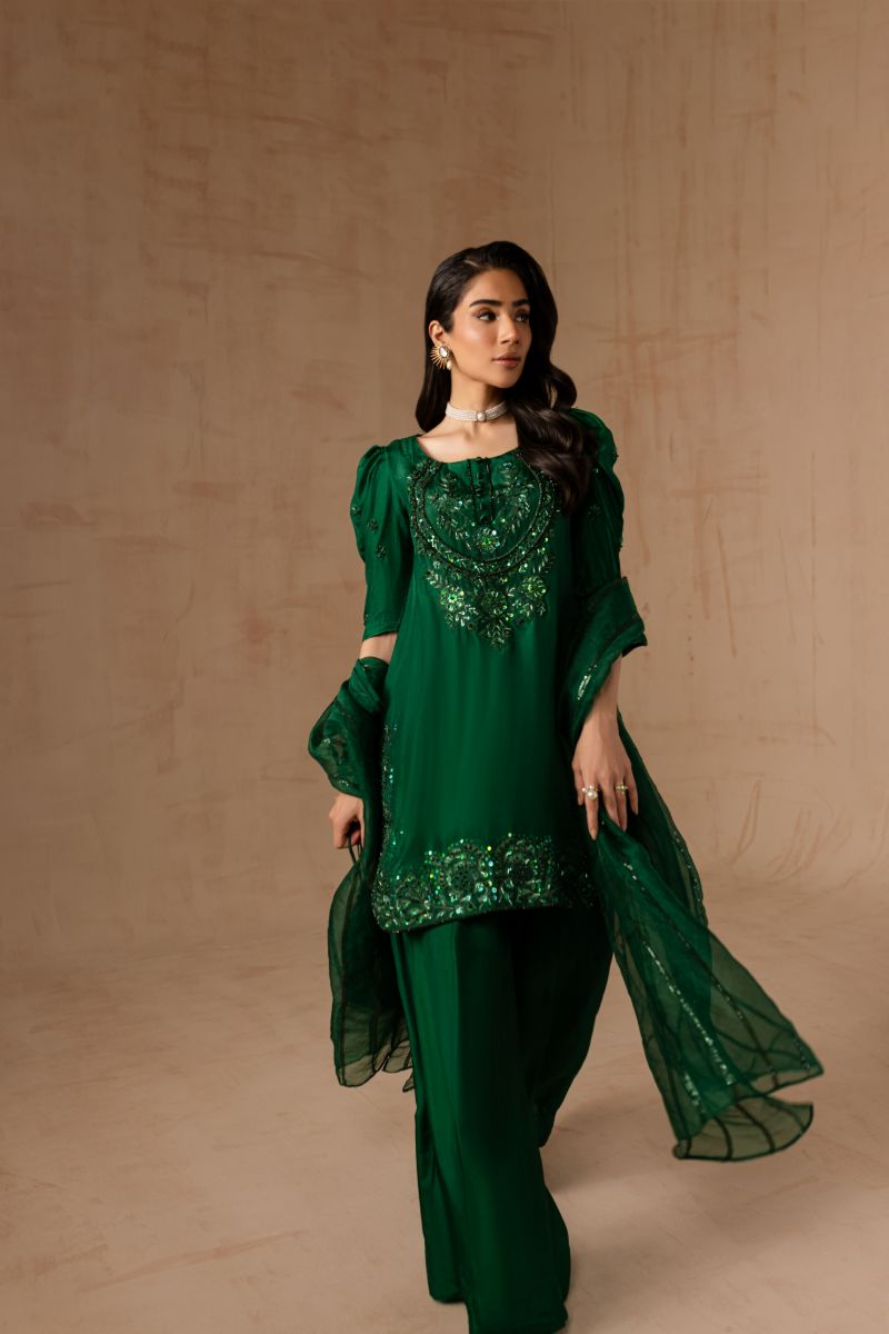 Maria Osama Khan - Emerald Green  - BOTTLE GREEN - RAWSILK & Organza - 3 Piece