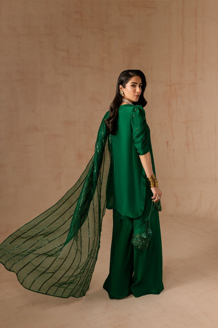 Maria Osama Khan - Emerald Green  - BOTTLE GREEN - RAWSILK & Organza - 3 Piece