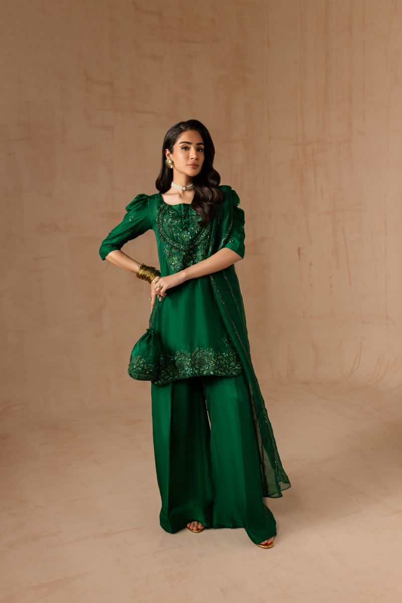 Maria Osama Khan - Emerald Green  - BOTTLE GREEN - RAWSILK & Organza - 3 Piece
