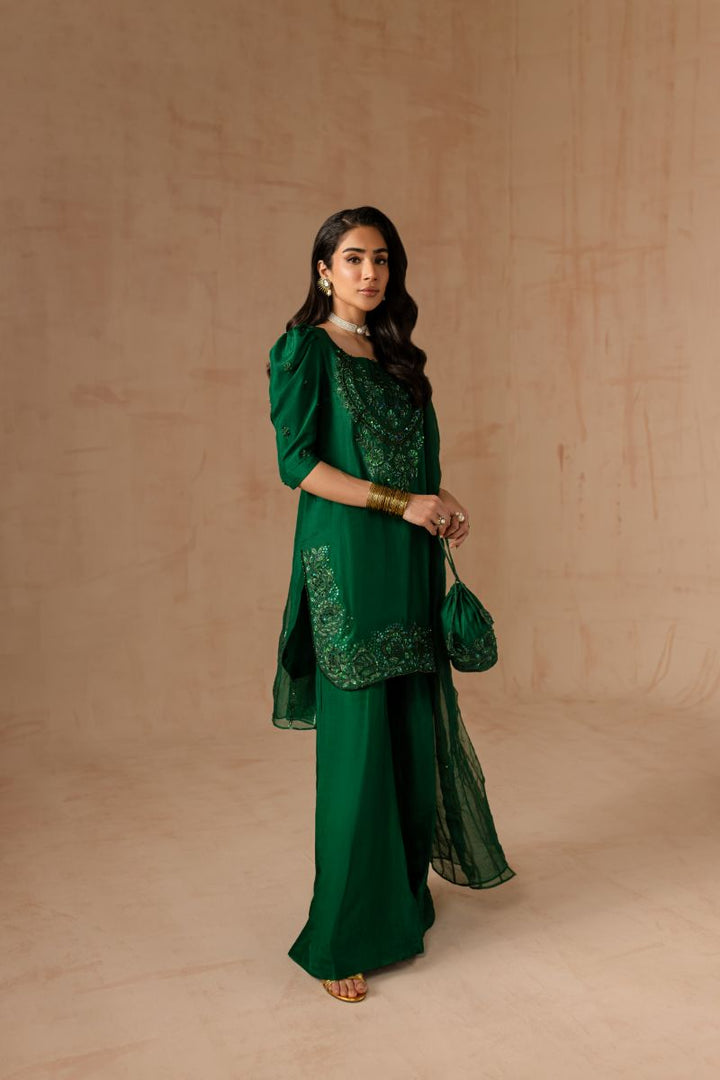 Maria Osama Khan - Emerald Green  - BOTTLE GREEN - RAWSILK & Organza - 3 Piece