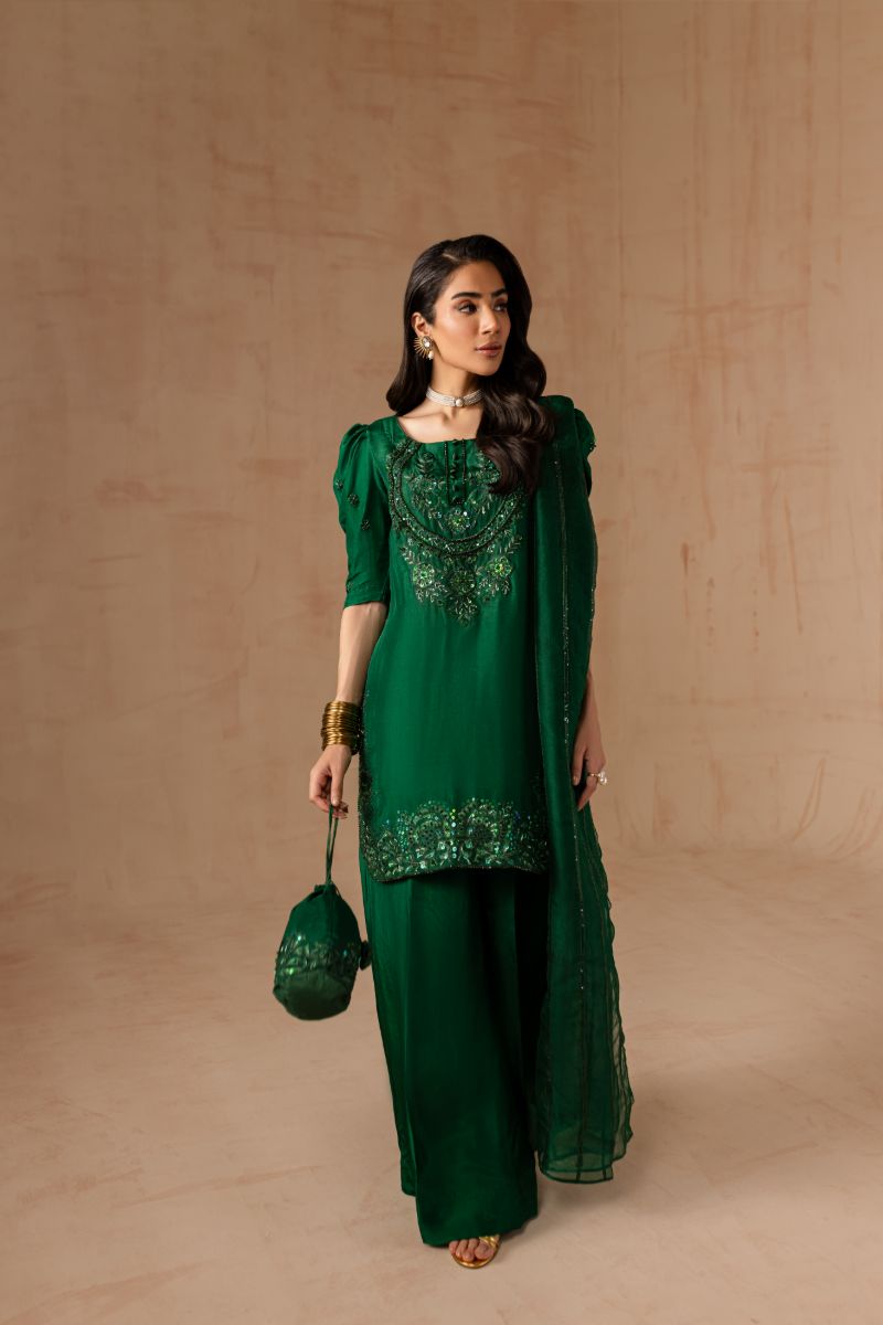Maria Osama Khan - Emerald Green  - BOTTLE GREEN - RAWSILK & Organza - 3 Piece