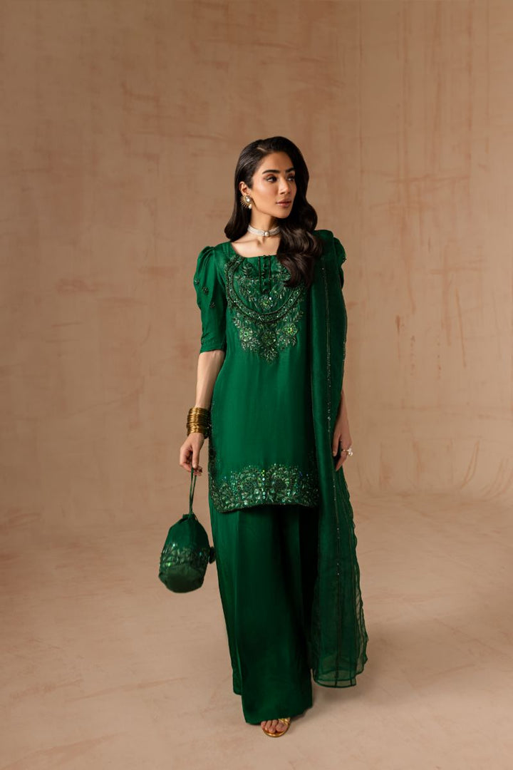 Maria Osama Khan - Emerald Green  - BOTTLE GREEN - RAWSILK & Organza - 3 Piece