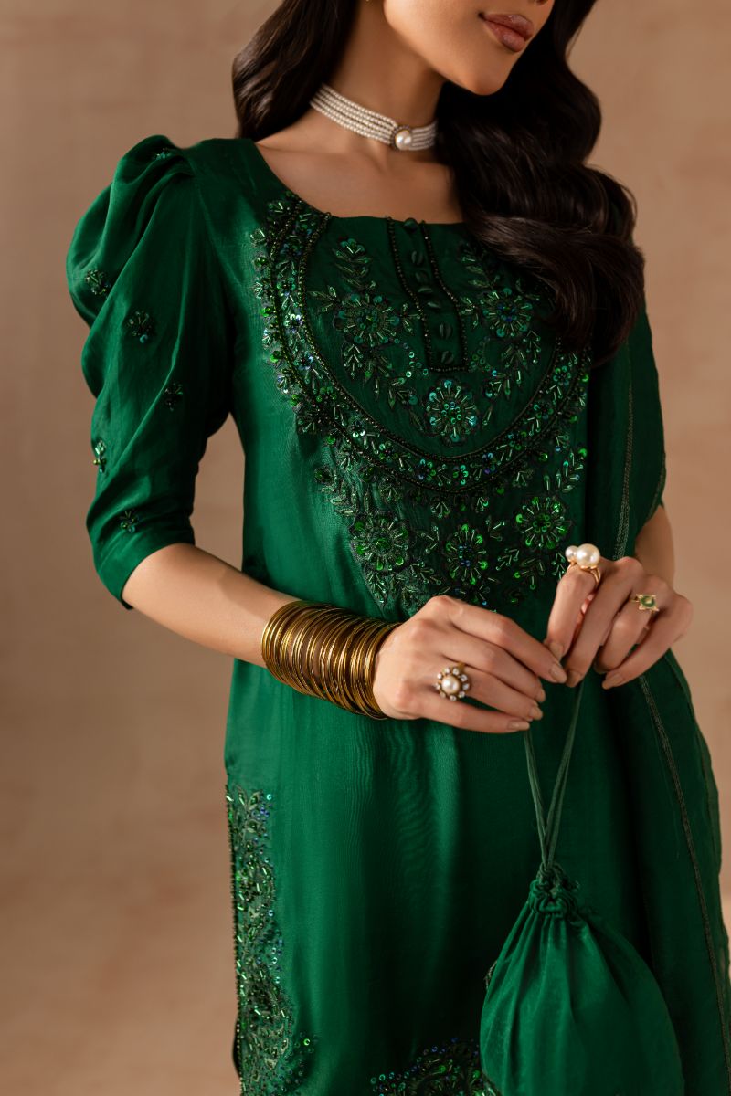 Maria Osama Khan - Emerald Green  - BOTTLE GREEN - RAWSILK & Organza - 3 Piece